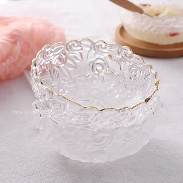 Vintage Engraving Transparent Glass Salad Bowl Golden Edge Dessert Fruit Oatmeal Bowl Kitchen Soup Noodle Bowl Relief Craft - Image 2