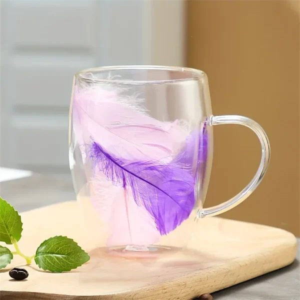 1pc 350ml Double-Walled Glass Coffee Cup with Feather Design 11.83oz Clear Heat-resistant Glass Mug for Espresso and Beverages