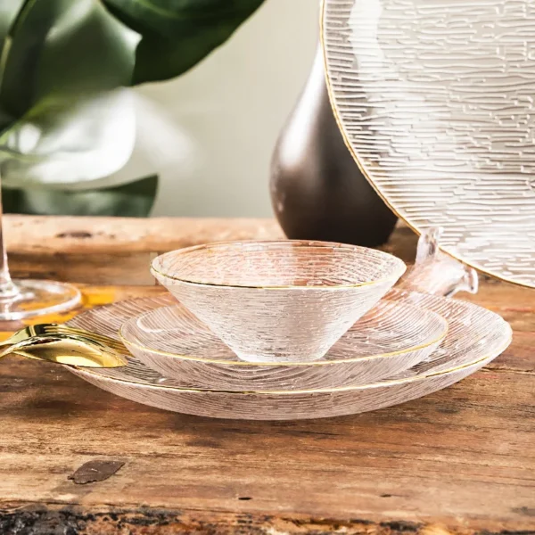 Simple Gold Edged Transparent Glass Bowl Horizontal Pattern Bowl Household Striped Fruit Plate Glacier Pattern Salad Bowl - Image 3