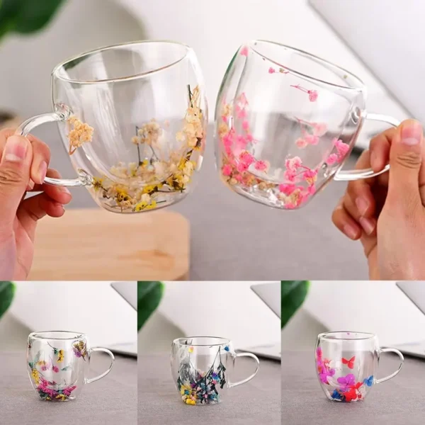 Creative Double Wall Coffee Mug Real Dried Flower Filler Glass Cups Tea Coffee Cup With Handles Heat Resistant Mug Gift - Image 5