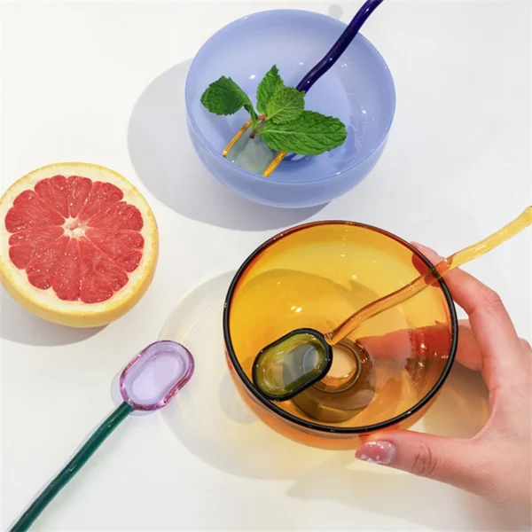 Stained Glass Transparent Goblet Bowl Spoon Set High Borosilicate Glass Bowl Fruit Salad Dessert Bowls Household Tableware