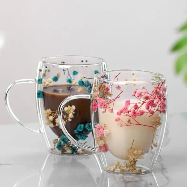 Dry Flower Cup real dried flowers Double Wall Glass Cup Coffee Mug Dried Flower Filler Glass Cups Tea Coffee Cups With Handle - Image 2