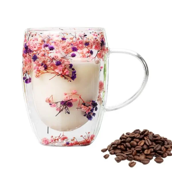 Dry Flower Cup real dried flowers Double Wall Glass Cup Coffee Mug Dried Flower Filler Glass Cups Tea Coffee Cups With Handle - Image 5