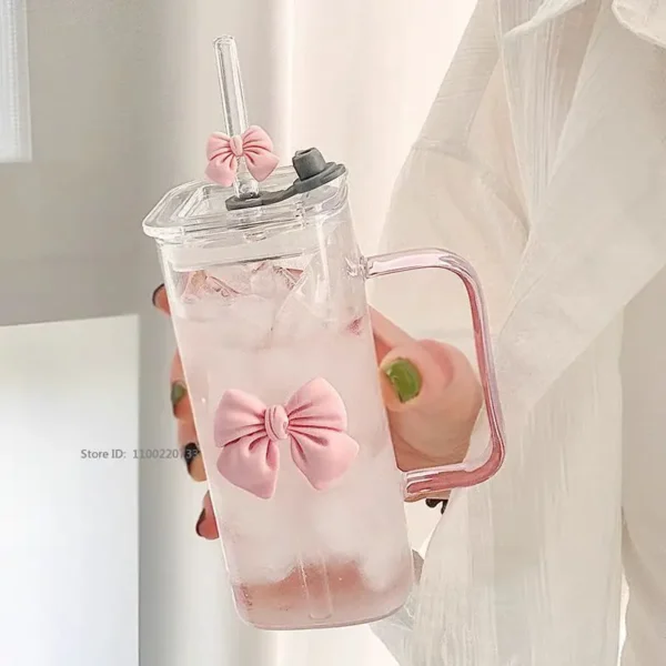 Transparent Square Glass Cup With Handle Pink Green Bow Straw Cups With Lids Heat Resistant Milk Coffee Drinks Mug Cute Gifts - Image 2