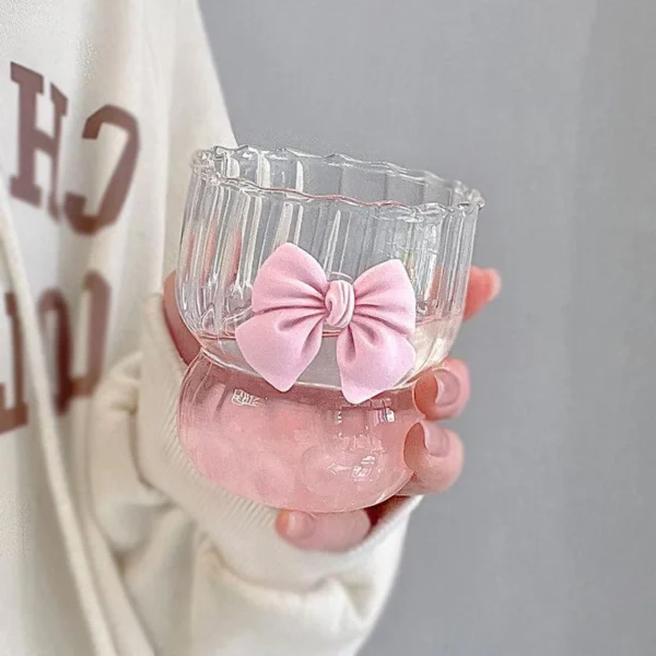 Pink Bow Glass Cute Water Cup Cartoon Bow Glass Cup Striped Cute Doodle Coffee Mug Household Fruit Tea Lemonade Girls Gift - Image 3