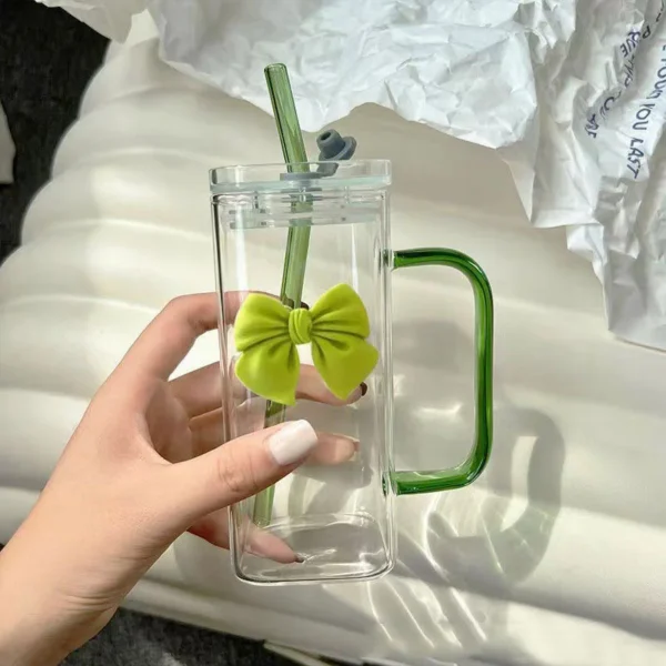 Transparent Square Glass Cup With Handle Pink Green Bow Straw Cups With Lids Heat Resistant Milk Coffee Drinks Mug Cute Gifts - Image 3