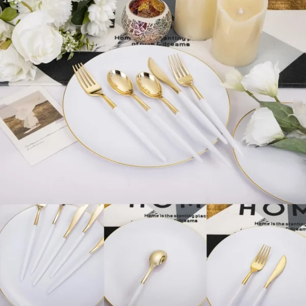 DaYammi 30 Guests Gold Plastic Plates with Disposable Silverware, Gold Cutlery with White Handle - Image 3