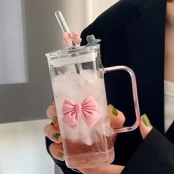 Transparent Square Glass Cup With Handle Pink Green Bow Straw Cups With Lids Heat Resistant Milk Coffee Drinks Mug Cute Gifts