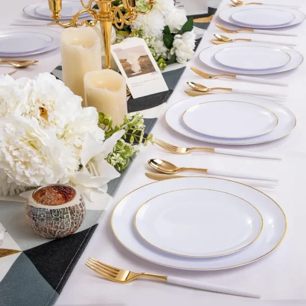 DaYammi 30 Guests Gold Plastic Plates with Disposable Silverware, Gold Cutlery with White Handle - Image 6