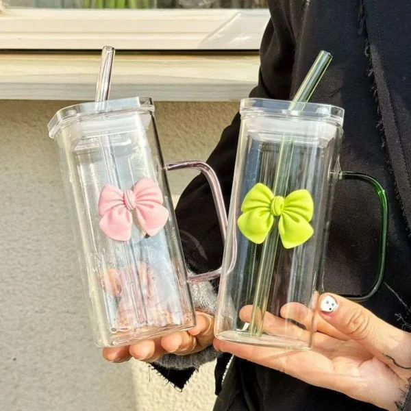 Transparent Square Glass Cup With Handle Pink Green Bow Straw Cups With Lids Heat Resistant Milk Coffee Drinks Mug Cute Gifts