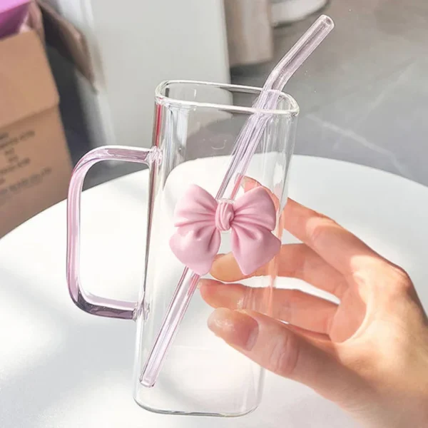 Transparent Square Glass Cup With Handle Pink Green Bow Straw Cups With Lids Heat Resistant Milk Coffee Drinks Mug Cute Gifts - Image 4