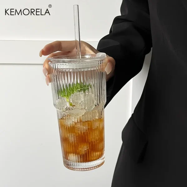 600ML Stripe Glass Coffee Cup With Lid and Straw Transparent Drinking Glasses for Juice Milk Tea Cups Iced Coffee Mugs Drinkware - Image 3