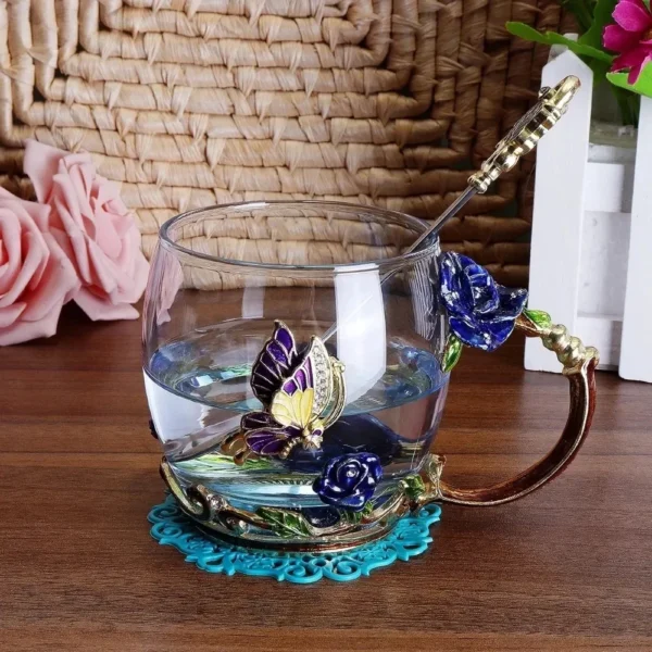 Beauty And Novelty Enamel Coffee Cup Mug Flower Tea Glass Cups Hot and Cold Drinks Tea Cup Spoon Set Perfect Wedding Gift - Image 3