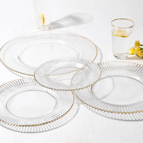 Golden Stroke Glass Plate Transparent Stripe Embossed Decorative Home Fruit Salad Plates Western Restaurant Table Top Steak Dish - Image 2