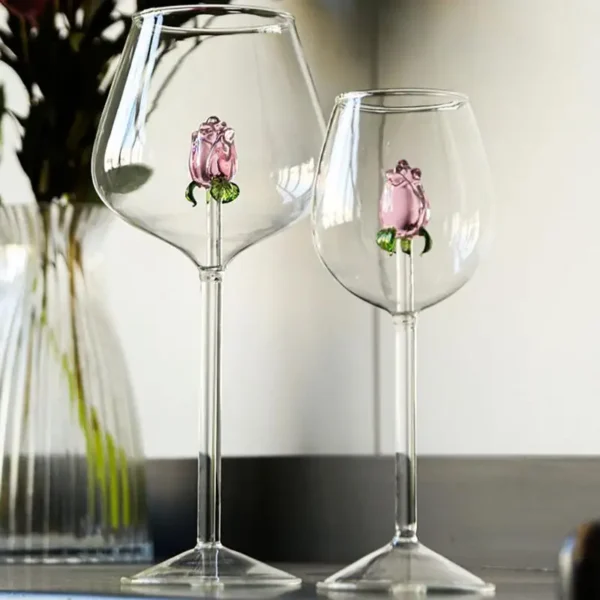 Wine Glasses with Rose Inside Stemmed Red Wine Flower Goblet Romantic Flower Wine Glassware Clear Cocktail Cup Crystal Champagne