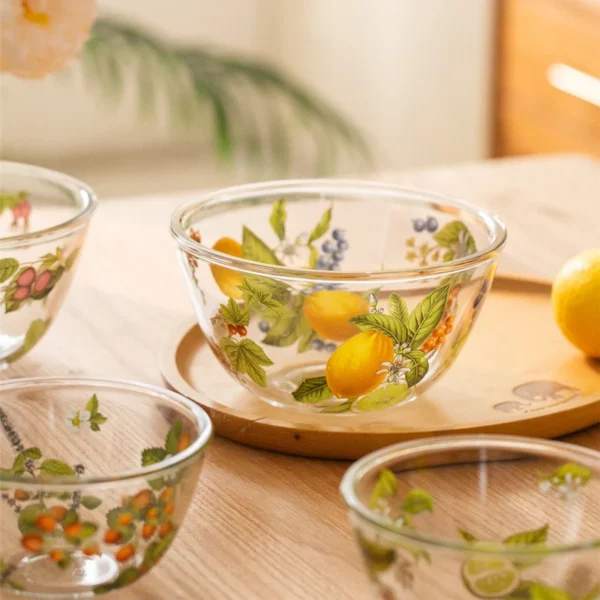 French Style Vintage Flower Glass Bowl Home Kitchen Tableware Fruit Salad Ramen Bowl Thickened Exquisite Lemon Breakfast Bowl - Image 5