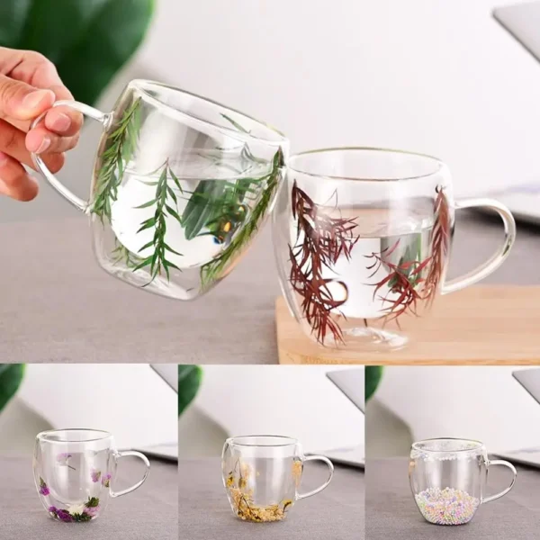 Creative Double Wall Coffee Mug Real Dried Flower Filler Glass Cups Tea Coffee Cup With Handles Heat Resistant Mug Gift - Image 3