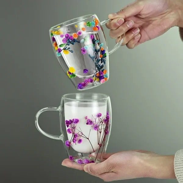 Double Layer Glass Cup Creative Flower Pattern Coffee Mug High Borosilicate Insulated Cup Kitchen Accessories Home Drinkware